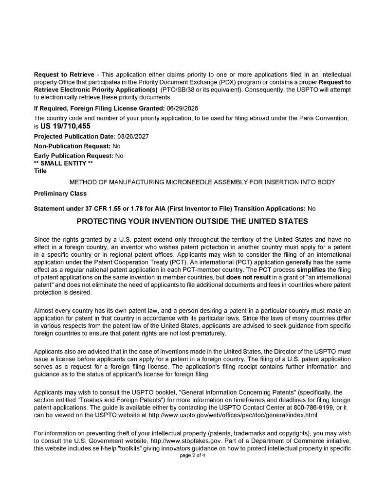 US 특허출원 접수증 Application No. 19/710,455 Microneedle Assembly 2페이지